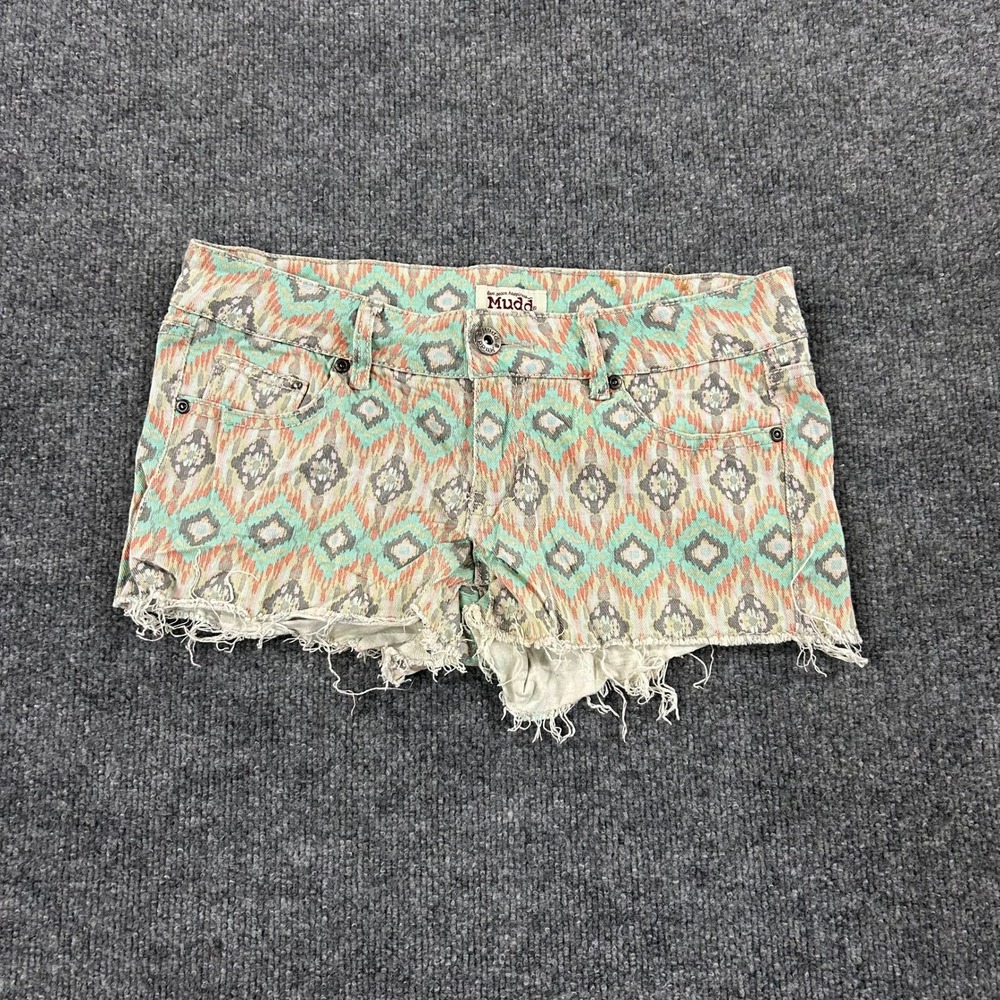Mudd Shorts Womens Size 7 Teal Orange Ikat Geometric Raw Hem Denim Cutoff Boho